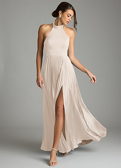 Azazie Zienna 신부 들러리 드레스 A라인 주름진 스트레치 새틴 바닥 길이 드레스 image3