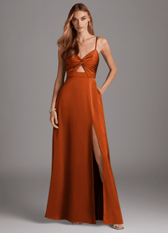 Azazie Jenna Robes de demoiselle d'honneur Robe Trapèze en Satin extensible Plissée Orange Brûlée image2