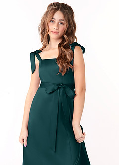 Azazie Barbara Junior Pine A-Line Bow Stretch Satin Dress image5