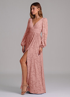 Azazie Norah Jurken voor bruidsmeisjes Jurk van Bloemen Burn-out met A-Lijn Lange mouw Rozet image3