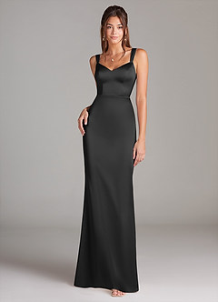 Azazie Denice Bridesmaid Dresses Black Sheath Pleated Stretch Satin Dress image3