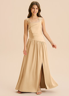 Azazie Dotty Junior Vestido Ouro de Cetim elástico de Linha A com Plissado image6