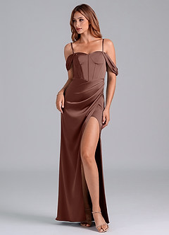 Azazie Asha Jurken voor bruidsmeisjes Converteerbaar Jurk van Stretch Satijn met Kolom Off the Shoulder Espresso image6