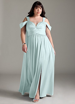 Azazie Lianne Bridesmaid Dresses Sea Glass A-Line Off the Shoulder Stretch Satin Dress image9