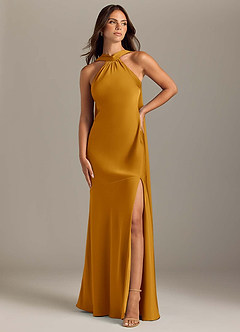 Azazie Kinsley Bridesmaid Dresses Butterscotch Mermaid Side Slit Stretch Satin Dress image1
