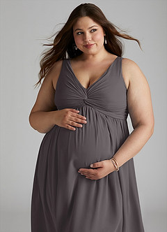 Azazie Yetta Maternity Bridesmaid Dresses A-Line V-Neck Gathered Chiffon Floor-Length Dress image8