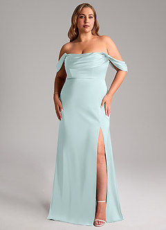 Azazie Saige Bridesmaid Dresses Sea Glass Sheath Off the Shoulder Stretch Satin Dress image11