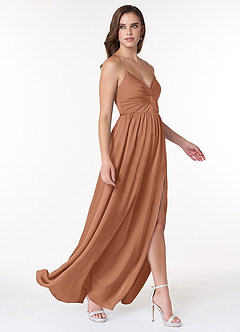Azazie Raya Vestidos de damas de honor Vestido de Bronceador de Satén Elástico de Corte en A con Cuello en V Plisado image4