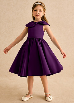 Azazie Acorn Flower Girl Dresses Grape A-Line Pleated Matte Satin Dress image6