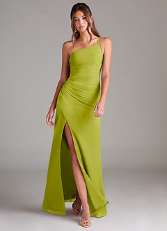 Azazie Eren Vestidos de damas de honor Vestido de Hierba De Limón de Gasa de Corte Recto con Hombro unilateral image1