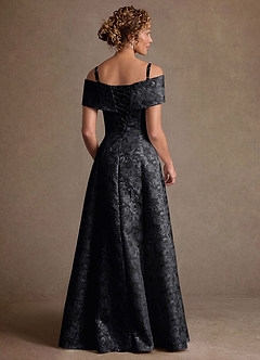 Azazie Harriett Vestidos para mãe da noiva Vestido Preto de Jacquard Floral de Linha A com Ombros Caídos image4