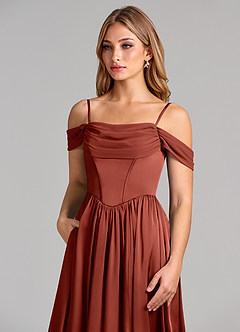 Azazie Raisa Robes de demoiselle d'honneur Robe Trapèze en Satin extensible Épaule décolletée Terracotta image7