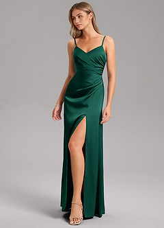 Azazie Azuree Bridesmaid Dresses Emerald A-Line Pleated Stretch Satin Dress image5