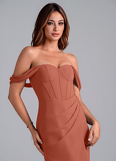 Azazie Asha Bridesmaid Dresses Clay Sheath Off the Shoulder Chiffon Convertible Dress image6