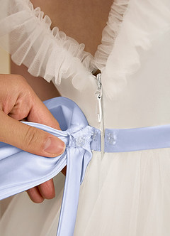 Azazie Amber Blumenmädchenkleider A-Linie Schleifen Tüll Kleid Elfenbein Lavendel image6