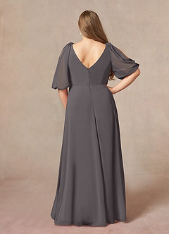 Azazie Bronwyn vestidos de madre de la novia Vestido de Gris Acero de Gasa de Corte En A con Cuello de pico fruncido image7