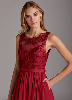 Azazie Elly Brautjungfernkleider A-Linie Rundhalsausschnitt mit Spitze Chiffon Kleid Scharlachrot image6