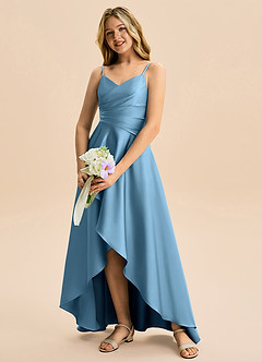 Azazie Eirlys Junior A-Linie Plissee Stretch-Satin Kleid Stahlblau image4