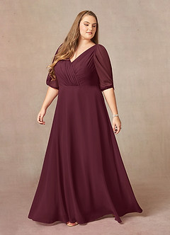 Azazie Bronwyn vestidos de madre de la novia Vestido de Cabernet de Gasa de Corte En A con Cuello de pico fruncido image8