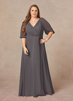 Azazie Bronwyn vestidos de madre de la novia Vestido de Gris Acero de Gasa de Corte En A con Cuello de pico fruncido image6