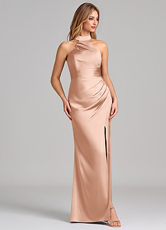 Azazie Karlotta Bridesmaid Dresses Rose Gold Sheath Pleated Stretch Satin Dress image5