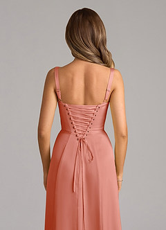 Azazie Amaris Bridesmaid Dresses Coral A-Line Corset Stretch Satin Dress image6