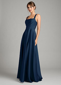 Azazie Shaude Bridesmaid Dresses Dark Navy A-Line Pleated Stretch Satin Dress image5