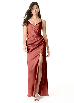 Azazie Sukia Bridesmaid Dresses Terracotta Mermaid Pleated Metallic Satin Dress image1
