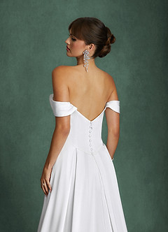 Azazie Brittney Wedding Dresses Diamond White A-Line Off the Shoulder Stretch Satin Dress image9