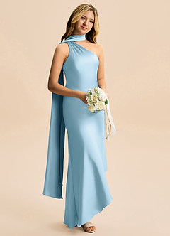 Azazie Briony Junior Vestido Céu Azul de Cetim elástico de Bainha com Plissado image4