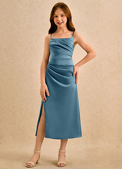 Azazie Canna Girls Formal Blomsterpigekjoler A-Line Plisseret Stræk satin Te-længde Kjole image4
