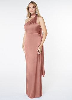 Azazie Kaylani Bridesmaid Dresses Rosette Mermaid High Neck Stretch Satin Dress image3
