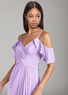Azazie Dakota Bridesmaid Dresses Lilac A-Line Off the Shoulder Stretch Satin Dress image5