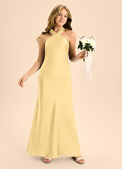 Azazie Doretta Junior Butter Mermaid Pleated Stretch Satin Dress image4