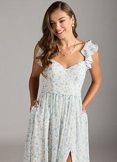 Azazie Nalin Bridesmaid Dresses Blue And White Ditsy Floral A-Line Ruched Chiffon Dress image8