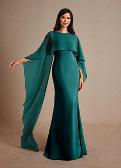 Azazie Milfred Mother of the Bride Dresses Peacock Sheath Boatneck Stretch Satin Dress image4