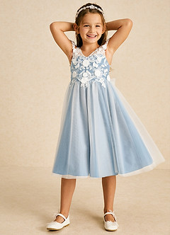 Azazie Sunnie Flower Girl Dresses Steel Blue A-Line Lace Tulle Dress image4