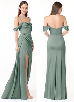 Azazie Amyra Jurken voor bruidsmeisjes Converteerbaar Jurk van Stretch Satijn met Zeemeermin Off the Shoulder Zilveren Salie image8