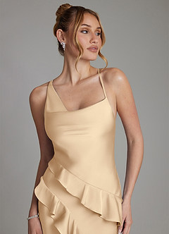 Azazie Jayda Bridesmaid Dresses Champagne A-Line Ruched Stretch Satin Dress image3