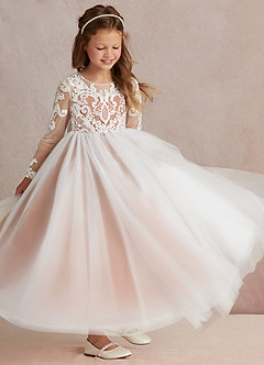 Azazie Elodie Blumenmädchenkleider Ballkleid Spitze Kleid Elfenbein Bronzer image2