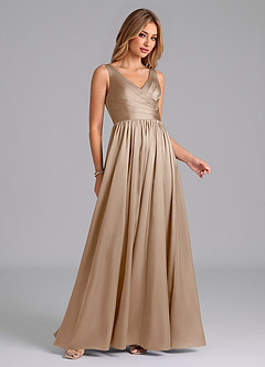 Azazie Keyla Final Sale Taupe A-Line Pleated Stretch Satin Dress image5