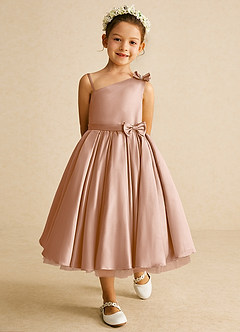 Azazie Lollipop Flower Girl Dresses Champagne Rose A-Line One Shoulder Matte Satin Dress image2