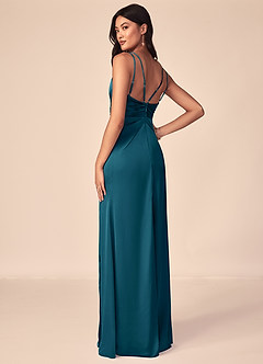 Azazie Aqua Bridesmaid Dresses Ink Blue A-Line V-Neck Pleated Stretch Satin Dress image4
