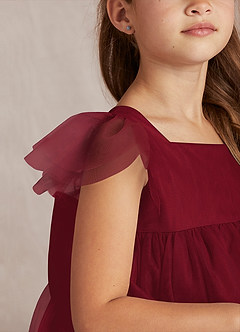 Azazie Kalio Flower Girl Dresses Burgundy A-Line with Sleeves Tulle Dress image3