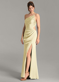 Azazie Hudsyn At-home Try On Dresses Lemon Sorbet Mermaid One Shoulder Stretch Satin Dress image3