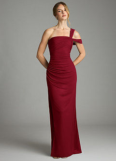 Azazie Tati At-home Try On Dresses Burgundy Sheath Off the Shoulder Mesh Dress image2