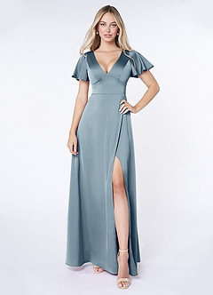 Azazie Lani Bridesmaid Dresses Dusty Blue A-Line Flounce Sleeve Stretch Satin Dress image1