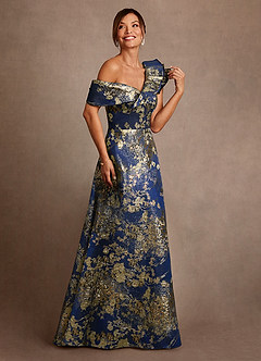 Azazie Des Moines Abiti per la Madre della Sposa Abito A-Line in Jacquard Floreale Monospalla Navy Floreale image1