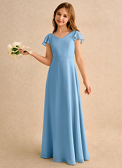 Azazie Nari Girls Formal Robe Demoiselle D'honneur Fillette Robe Trapèze en Mousseline de soie avec manches Acier Bleuté image1