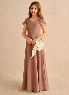 Azazie Nari Girls Formal Robe Demoiselle D'honneur Fillette Robe Trapèze en Mousseline de soie avec manches Bronze image3